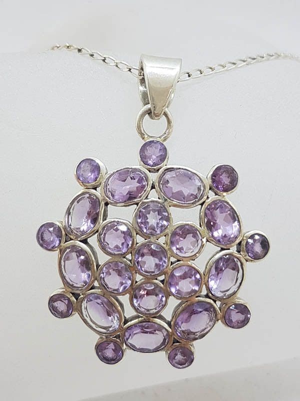 Sterling Silver Amethyst Large Round Cluster Pendant on Silver Chain