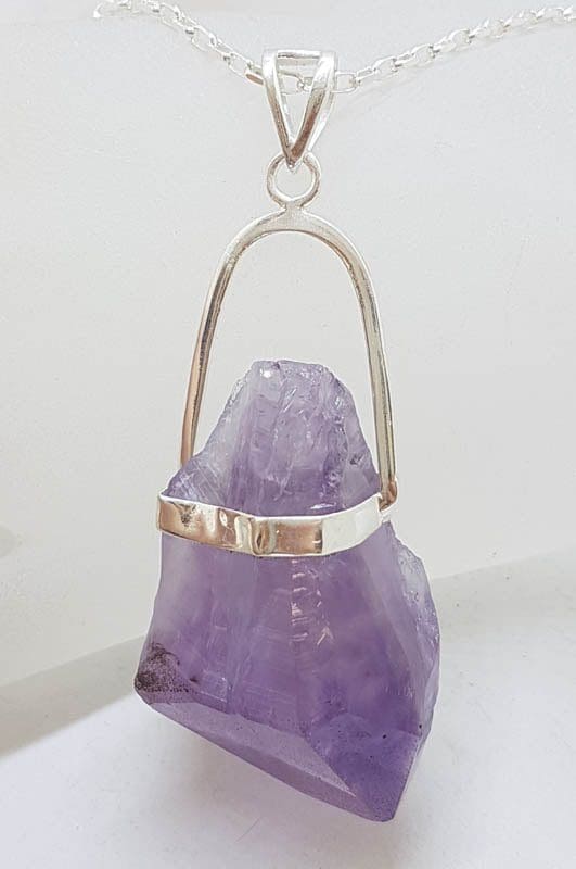 Sterling Silver Very Large Natural Free Form Amethyst Crystal Pendant on Silver Chain
