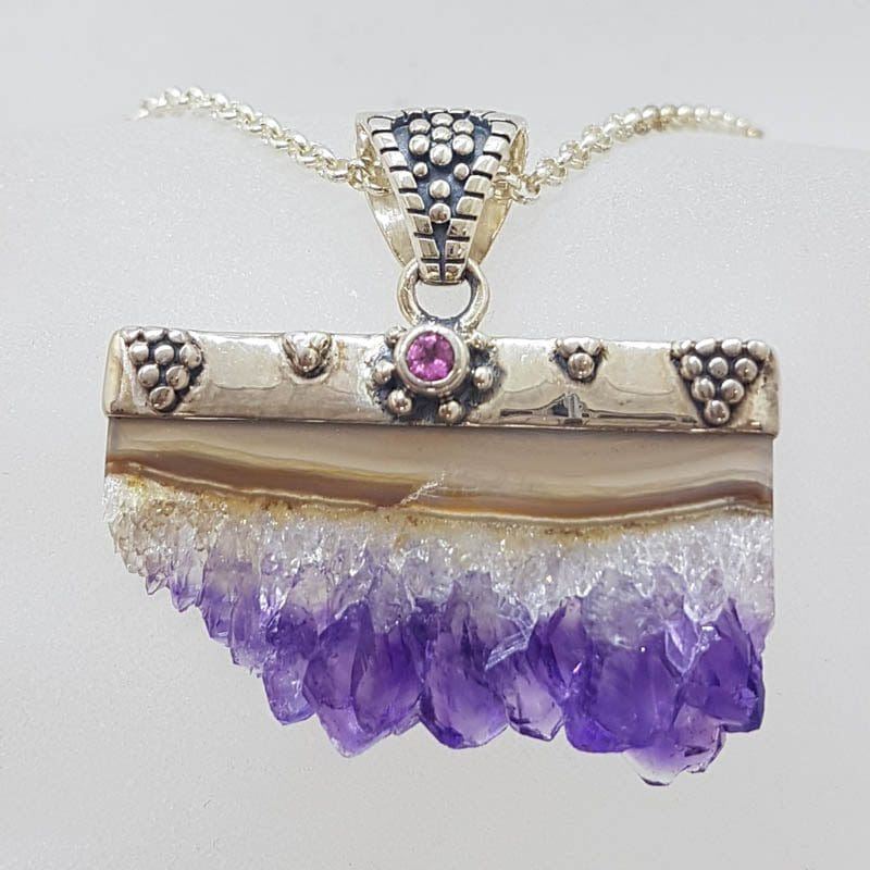 Sterling Silver Amethyst Crystal Slice with Garnet Pendant on Chain