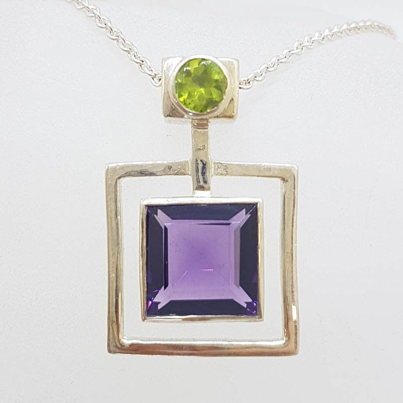 Sterling Silver Square Amethyst with Green Peridot Square Pendant on Silver Chain