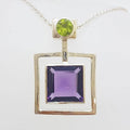 Sterling Silver Square Amethyst with Green Peridot Square Pendant on Silver Chain