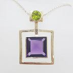Sterling Silver Square Amethyst with Green Peridot Square Pendant on Silver Chain