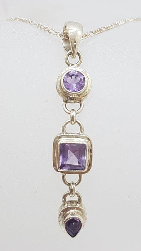 Sterling Silver Long Amethyst Drop Pendant on Silver Chain