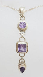Sterling Silver Long Amethyst Drop Pendant on Silver Chain