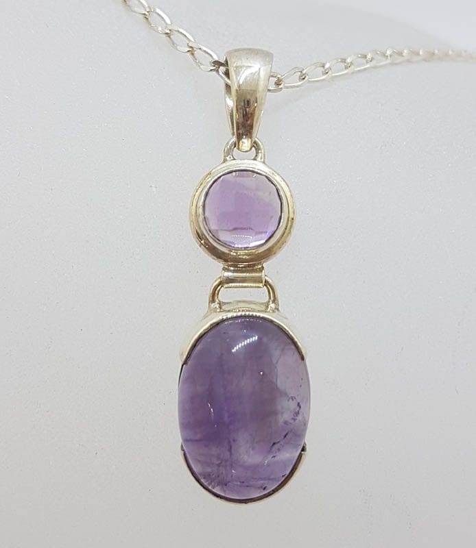 Sterling Silver Cabochon &amp; Faceted Amethyst Pendant on Silver Chain