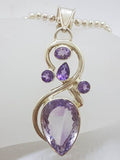 Sterling Silver Large Teardrop Amethyst Ornate Swirl Pendant on Chain
