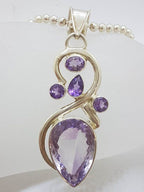 Sterling Silver Large Teardrop Amethyst Ornate Swirl Pendant on Chain