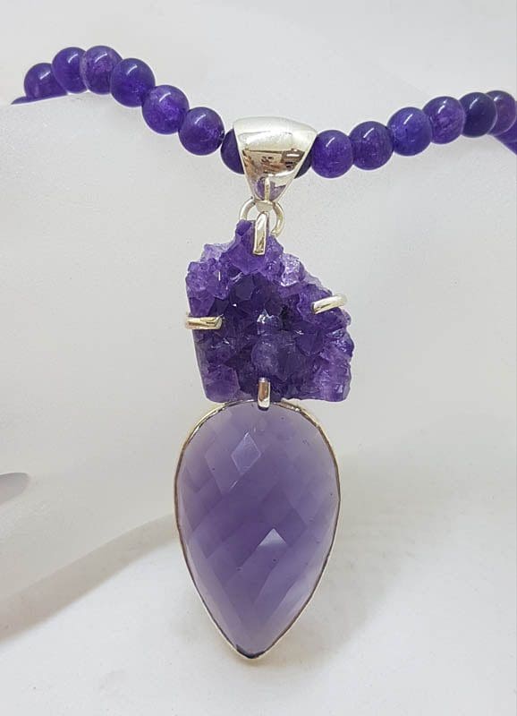 Sterling Silver Large Faceted and Cluster Amethyst Pendant on Amethyst Bead Chain