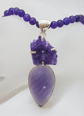 Sterling Silver Large Faceted and Cluster Amethyst Pendant on Amethyst Bead Chain