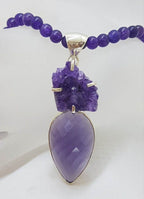 Sterling Silver Large Faceted and Cluster Amethyst Pendant on Amethyst Bead Chain