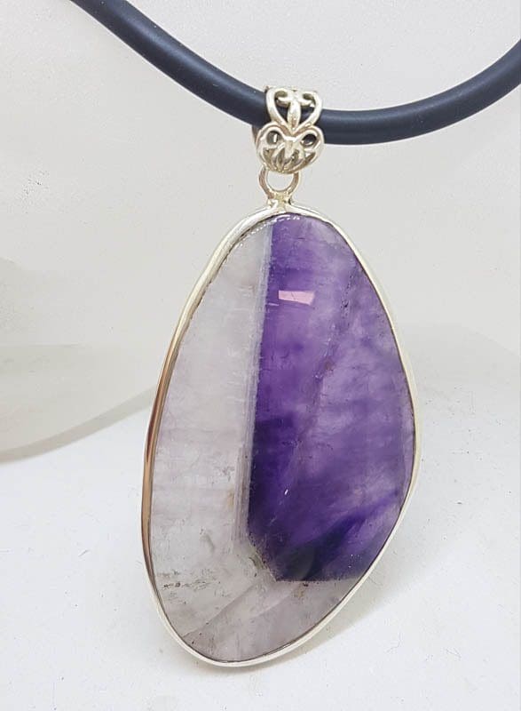 Sterling Silver Very Large Amethyst Slice Pendant on Neoprene Silver Chain