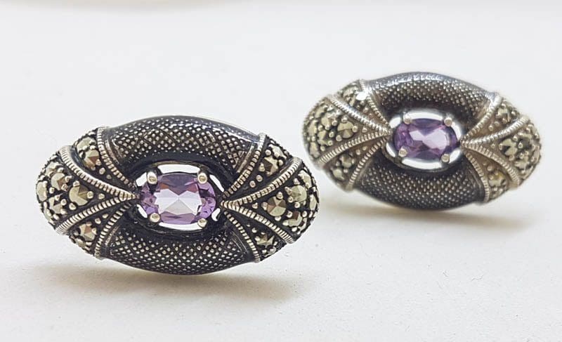 Sterling Silver Marcasite, Amethyst and Enamel Oval Stud Earrings