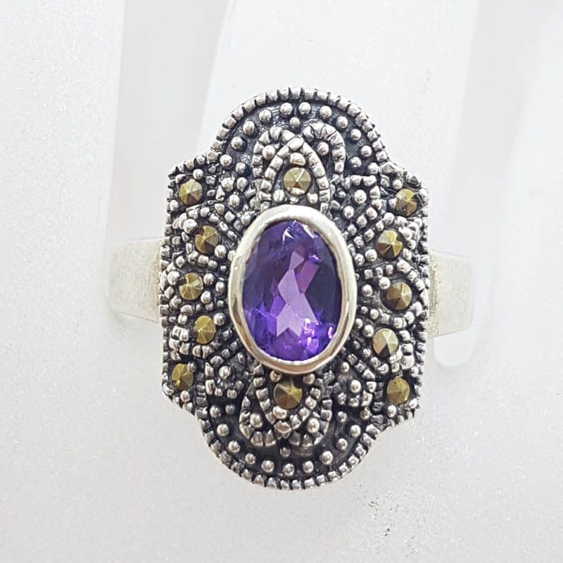 Sterling Silver Marcasite &amp; Oval Amethyst in Elongated Cluster Ring