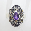 Sterling Silver Marcasite &amp; Oval Amethyst in Elongated Cluster Ring