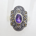 Sterling Silver Marcasite &amp; Oval Amethyst in Elongated Cluster Ring