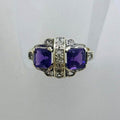 9ct Yellow Gold Two Square Amethysts with Cubic Zirconia Art Deco Cluster Ring - Antique / Vintage
