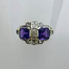 9ct Yellow Gold Two Square Amethysts with Cubic Zirconia Art Deco Cluster Ring - Antique / Vintage
