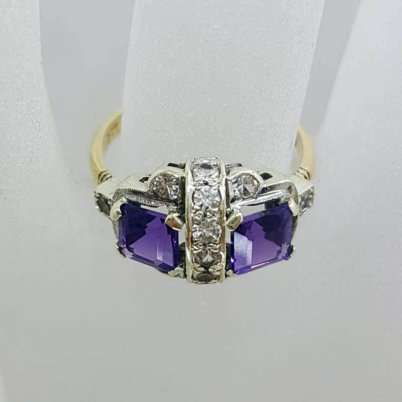 9ct Yellow Gold Two Square Amethysts with Cubic Zirconia Art Deco Cluster Ring - Antique / Vintage