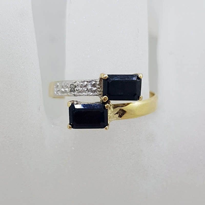 9ct Yellow Gold Rectangular Natural Sapphires with Diamond Ring