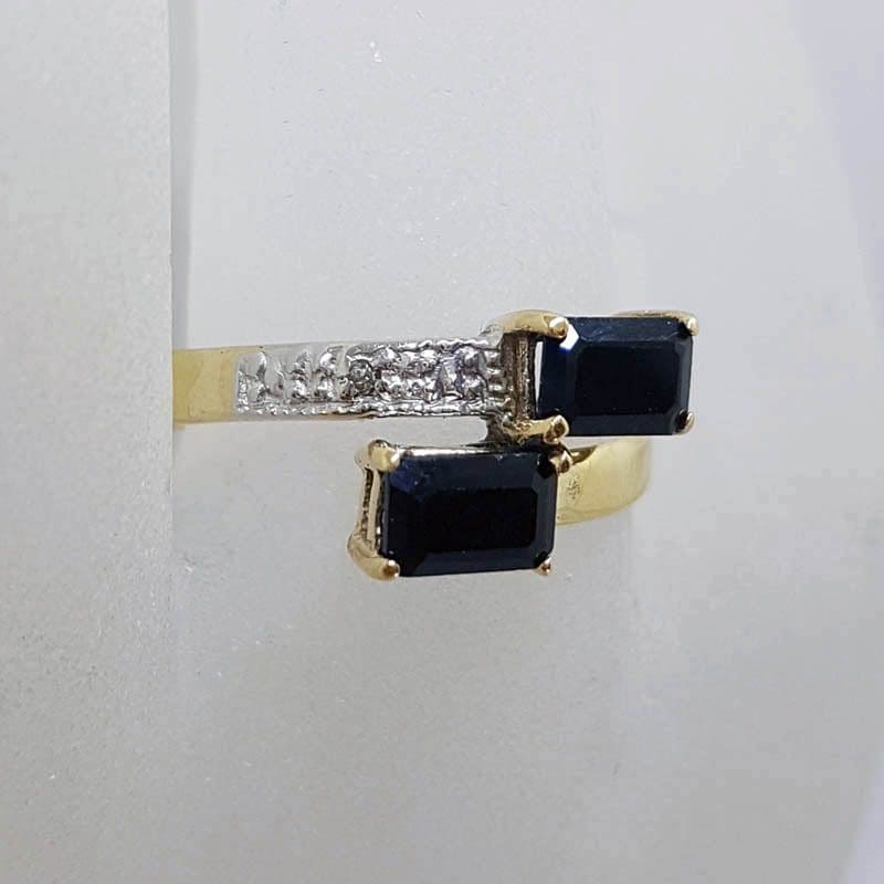 9ct Yellow Gold Rectangular Natural Sapphires with Diamond Ring
