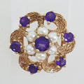 9ct Yellow Gold Amethyst Seed Pearl Large Cluster Ring - Antique / Vintage