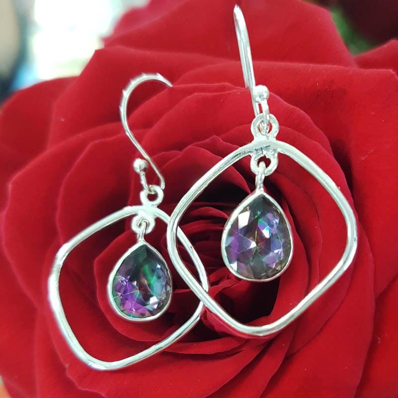 Sterling Silver Teardrop / Pear Shape Mystic Quartz / Topaz in Square Drop Earrings
