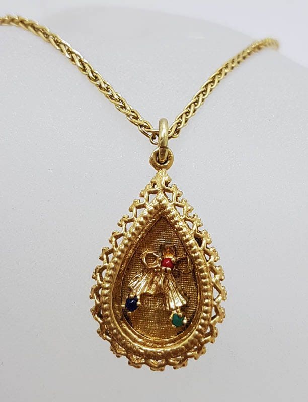 9ct Yellow Gold Round Multi-Colour Gems in Ornate Teardrop / Pear Shape Pendant on Gold Chain – Antique / Vintage