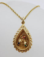 9ct Yellow Gold Round Multi-Colour Gems in Ornate Teardrop / Pear Shape Pendant on Gold Chain – Antique / Vintage
