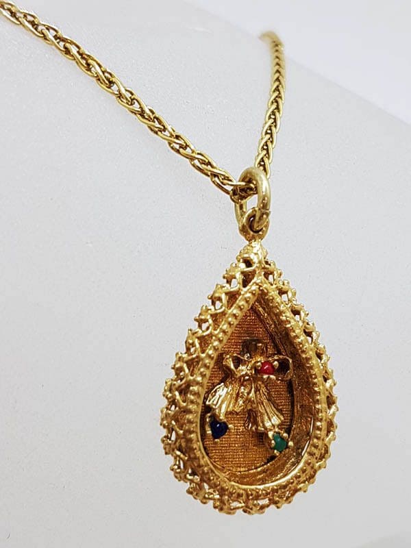 9ct Yellow Gold Round Multi-Colour Gems in Ornate Teardrop / Pear Shape Pendant on Gold Chain – Antique / Vintage