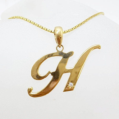 9ct Yellow Gold Large Initial / Letter H Diamond Pendant on Gold Chain