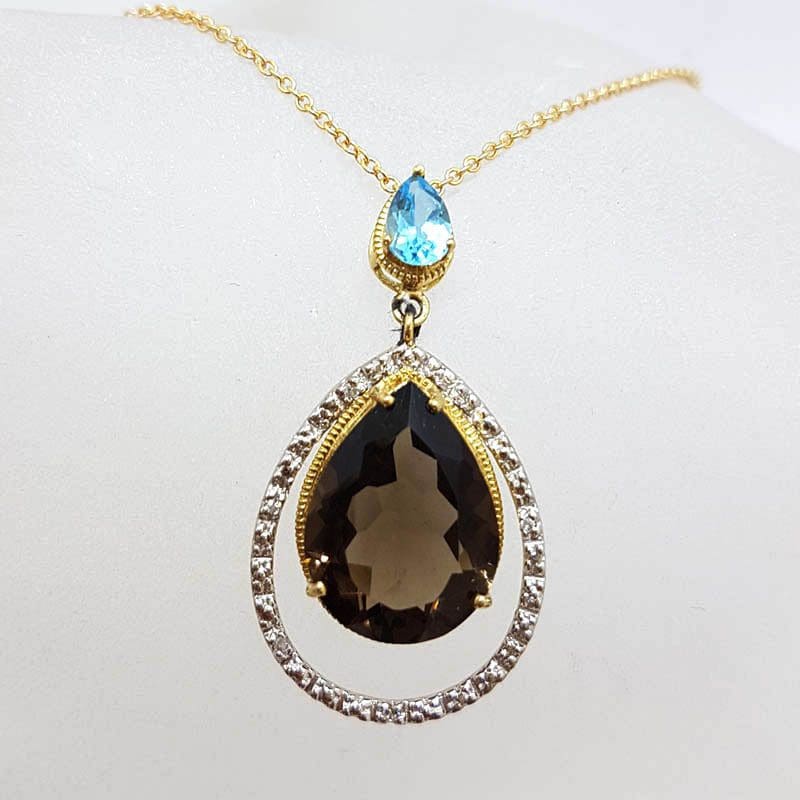 9ct Yellow Gold Large Teardrop / Pear Shape Smokey Quartz with Topaz and Diamond Pendant on Gold Chain