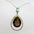 9ct Yellow Gold Large Teardrop / Pear Shape Smokey Quartz with Topaz and Diamond Pendant on Gold Chain