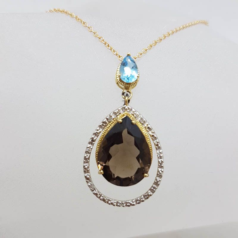9ct Yellow Gold Large Teardrop / Pear Shape Smokey Quartz with Topaz and Diamond Pendant on Gold Chain
