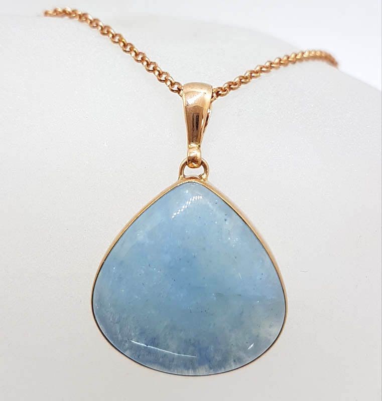 9ct Rose Gold Large Cabochon Cut Teardrop / Pear Shape Aquamarine Pendant on 9ct Chain