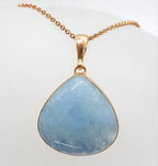 9ct Rose Gold Large Cabochon Cut Teardrop / Pear Shape Aquamarine Pendant on 9ct Chain