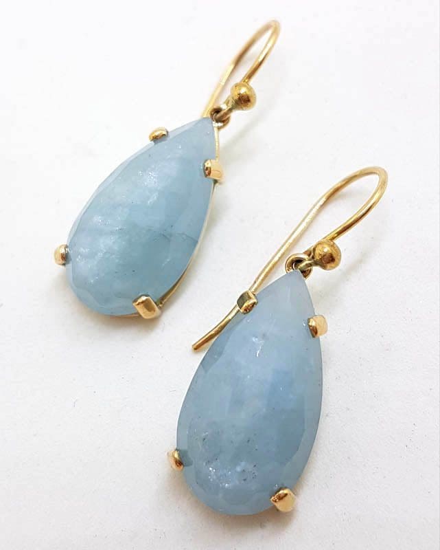 9ct Yellow Gold Teardrop / Pear Shape Aquamarine Drop Earrings
