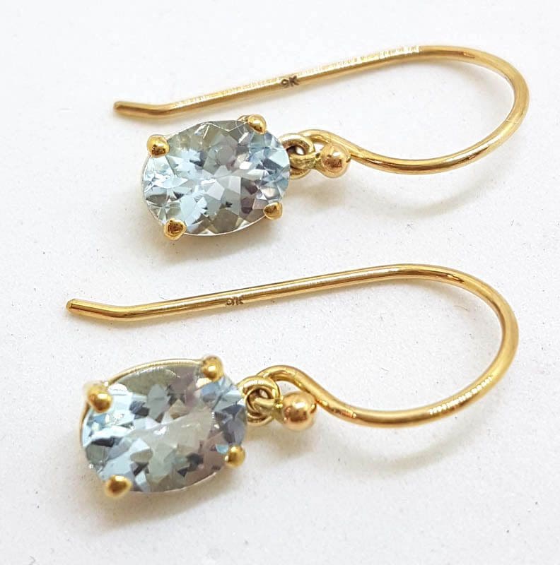 9ct Yellow Gold Claw Set Oval Aquamarine Drop Earrings