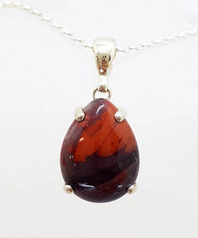 Sterling Silver Claw Set Teardrop / Pear Shape Bloodstone Pendant on Silver Chain