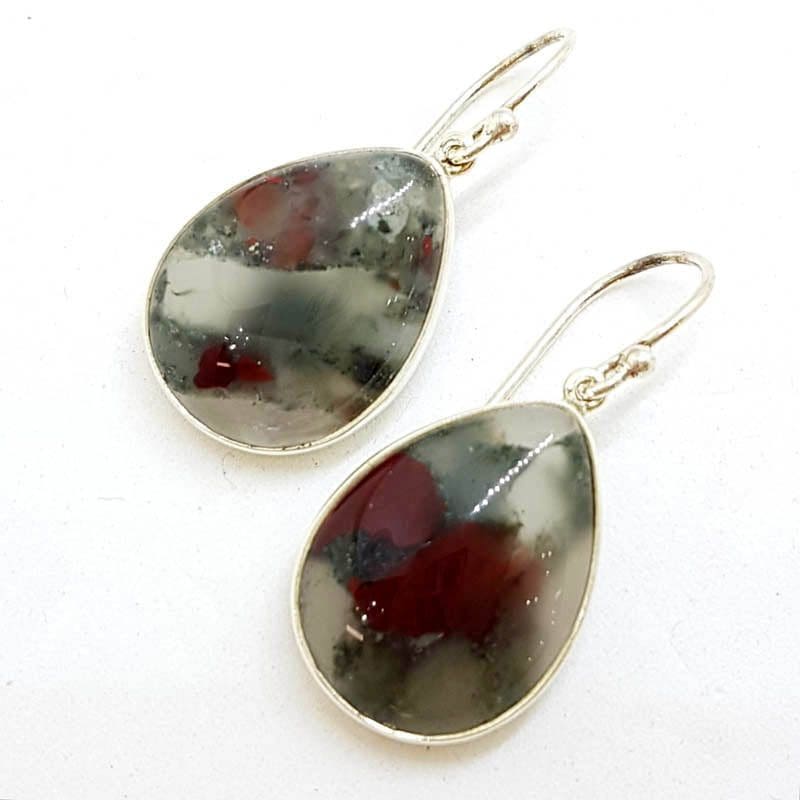 Sterling Silver Teardrop / Pear Shape Bezel Set Large Bloodstone Drop Earrings