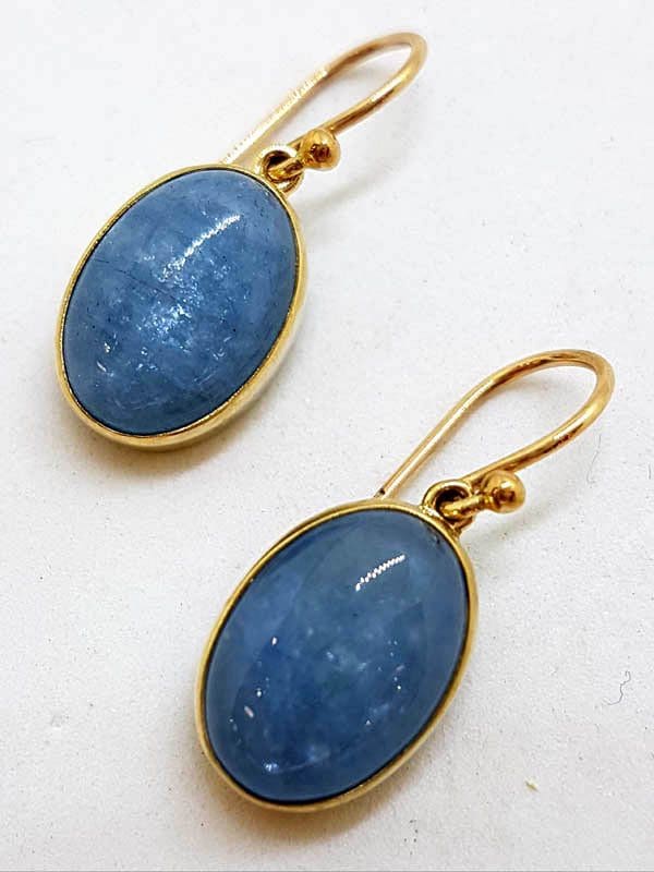 9ct Yellow Gold Aquamarine Cabochon Oval Drop Earrings