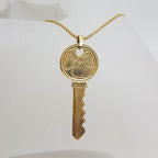 9ct Yellow Gold Ornate Key Pendant on Gold Chain - Antique / Vintage