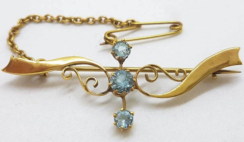 9ct Yellow Gold Aquamarine Ornate Twist Bar Brooch - Antique / Vintage
