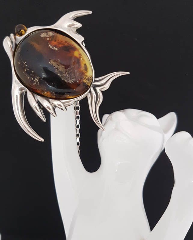 Sterling Silver Amber Large Fish Pendant on Sterling Silver Chain