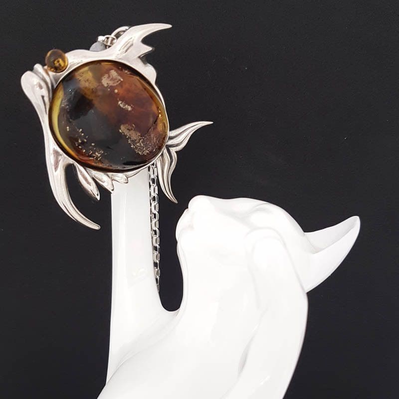 Sterling Silver Amber Large Fish Pendant on Sterling Silver Chain