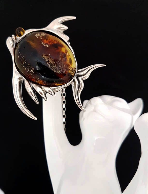 Sterling Silver Amber Large Fish Pendant on Sterling Silver Chain