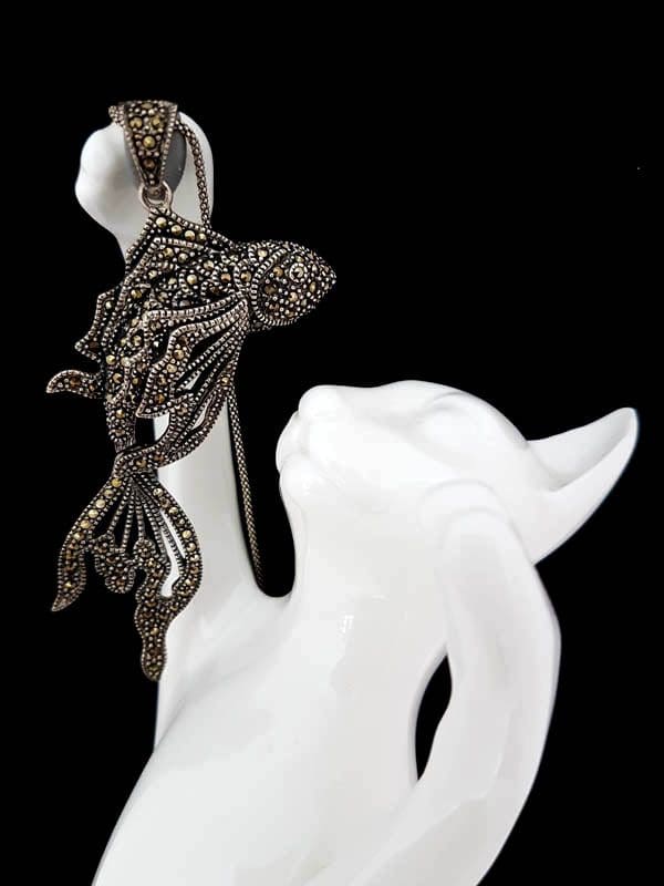 Sterling Silver Marcasite Large Koi Fish Pendant on Sterling Silver Chain