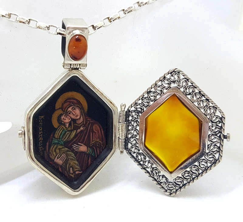Exquisite Sterling Silver Amber Icon – Handpainted by Polish Artist under a Magnifying Glass - on Beautiful Long Sterling Silver Chain