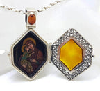 Exquisite Sterling Silver Amber Icon – Handpainted by Polish Artist under a Magnifying Glass - on Beautiful Long Sterling Silver Chain