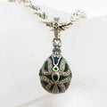 Sterling Silver Marcasite with Green Stone and Enamel Faberge Style Egg (which opens) Pendant on Sterling Silver Thick Twist Rope Chain