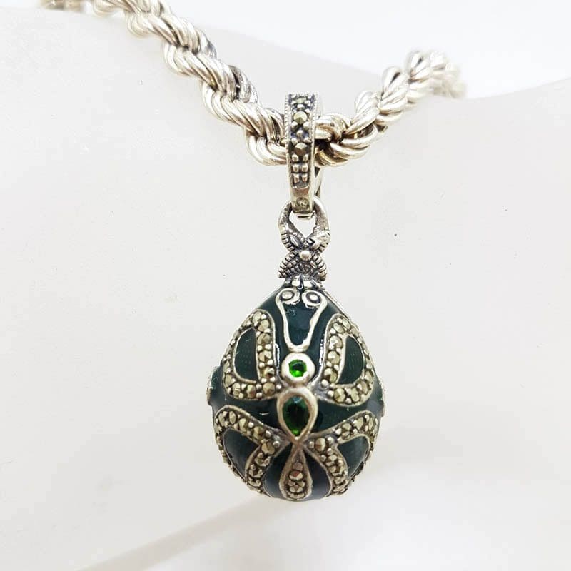 Sterling Silver Marcasite with Green Stone and Enamel Faberge Style Egg (which opens) Pendant on Sterling Silver Thick Twist Rope Chain